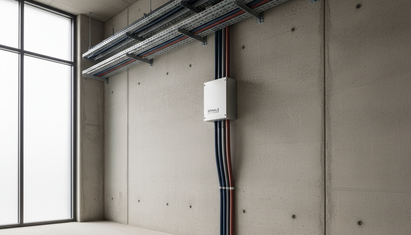 A set of neatly aligned, insulated electrical cables in bold yet subdued colors—navy blue, slate grey, and muted red—emerging from a pristine, structured junction box fixed onto a textured concrete wall. The setting features a spacious, uncluttered industrial room with matte-finished walls and tidy cable trays overhead. Soft, diffused overcast daylight coming from a frosted glass window highlights the even texture of the cables and casts faint shadows along the structure. Captured from a low, slightly angled perspective, the image employs a rule-of-thirds composition that draws the viewer toward the precise workmanship. The mood is calm, orderly, and confident, evoking a professional, structured corporate image in a photographic realistic style—showcasing Spirale Electricien’s expertise in project execution.
